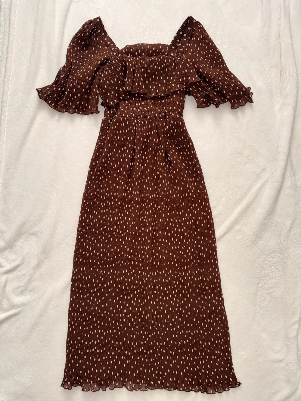 GANNI Brown Polka Dot Pleated Midi Dress EU 34 US 2 Like New